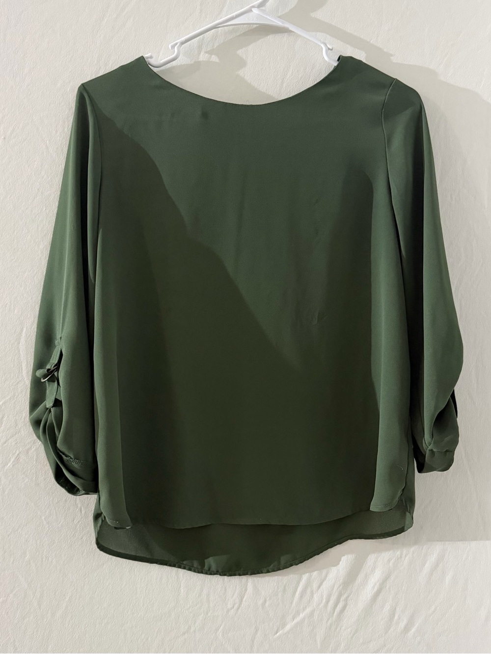 Forever 21 Olive Green Satin Blouse Roll Tab Sleeve Top M | Old Money Work
